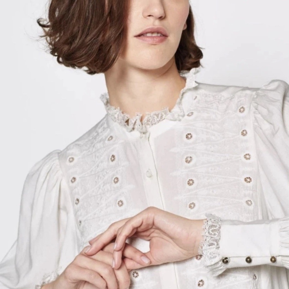 NWT Joie Elegant White Lace Women's Top Blouse Puff Sleeve Button Lace Size XS